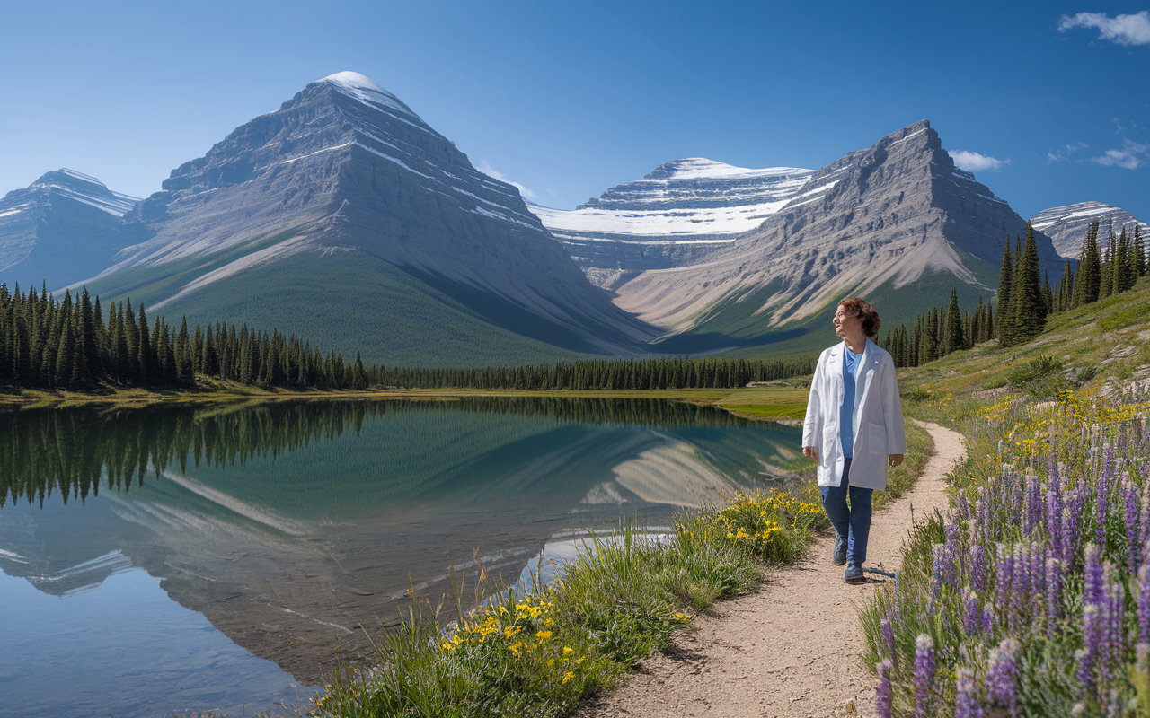 A breathtaking landscape of the Canadian Rockies with snow-capped peaks and a serene lake reflecting the majestic mountains. A physician is shown hiking along a scenic trail, enjoying the tranquility of nature. The sky is clear and bright blue, and vibrant wildflowers dot the foreground, symbolizing the connection to the great outdoors and the lifestyle opportunities available to physicians living in this beautiful country.