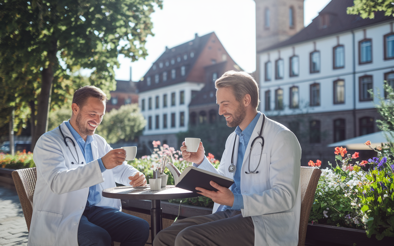 A picturesque scene of two doctors in casual clothing enjoying leisure time at a café in a scenic European town. They are seated outdoors, surrounded by lush greenery and colorful flowers, with a historic building in the background. The sun shines brightly, creating a joyful and relaxing atmosphere. One doctor is laughing while holding a coffee cup, and the other reviews a book, symbolizing the importance of personal time aside from their demanding profession.