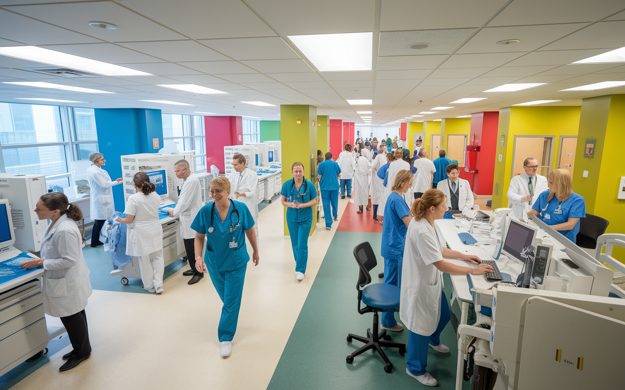 An inside view of a modern healthcare facility bustling with activity. Doctors and nurses are seen collaborating in a well-organized environment with advanced medical technology and support staff managing administrative tasks. Bright, inviting colors fill the space, enhancing an atmosphere of teamwork and efficiency. The image captures a sense of community and support, which underpins the importance of infrastructure in achieving work-life balance for healthcare professionals.