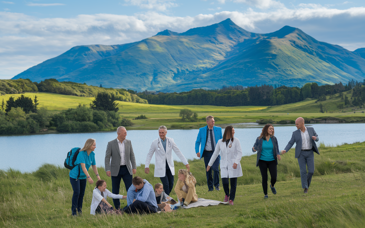 A landscape shot of New Zealand showcasing a lush green landscape with mountains in the background and a peaceful lake. A diverse group of doctors and their families are engaging in outdoor activities like hiking and picnicking. They display camaraderie and joy while exploring their beautiful surroundings, symbolizing the emphasis on work-life balance and community connection in their lifestyle.