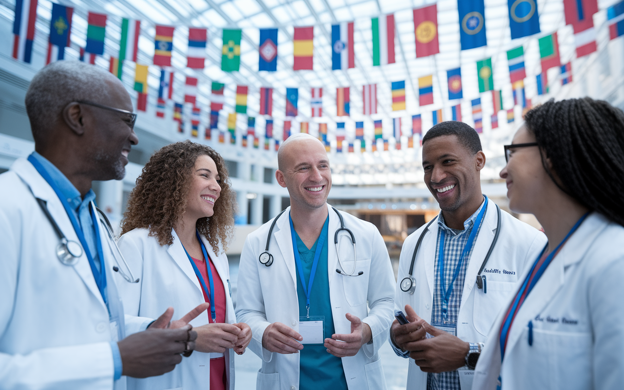 A group of doctors from different countries engaged in a light-hearted discussion at an international medical conference. They are smiling and exchanging cultural insights while surrounded by a backdrop of flags from their respective countries. The venue is open and bright, filled with natural light, reflecting a sense of global unity and understanding around the theme of work-life balance in healthcare.