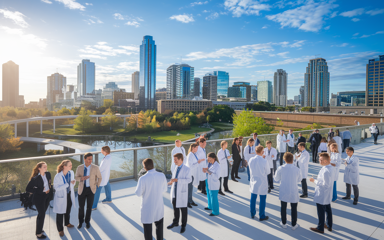 A bustling urban scene of young doctors gathered at a modern healthcare facility in Austin, Texas, with a backdrop of the city skyline. The atmosphere is vibrant, featuring healthcare professionals engaged in collaborative discussions, technology integration in patient care, and outdoor lifestyle elements like parks and arts. Bright, sunny day, reflecting the dynamic nature of the city.