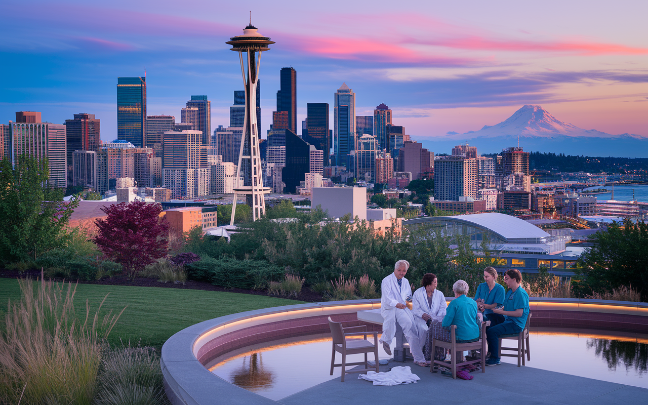 A stunning panoramic view of the Seattle skyline, set against the iconic Space Needle. In the foreground, a group of healthcare professionals interact with patients in a modern medical facility, showcasing high-tech advancements in patient care. Lush greenery and water features enhance the backdrop, symbolizing Seattle's balance of urban life and nature. Soft, diffused evening light creating a warm, welcoming atmosphere.