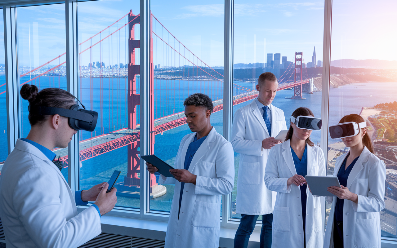 A bright, innovative medical research facility in San Francisco, featuring a diverse group of young doctors collaborating on groundbreaking health technology. The backdrop displays the Golden Gate Bridge and vibrant city life. Employees use tablets and virtual reality headgear, reflecting the intersection of medicine and technology. Daylight streaming through large windows accentuating the modern workspace.