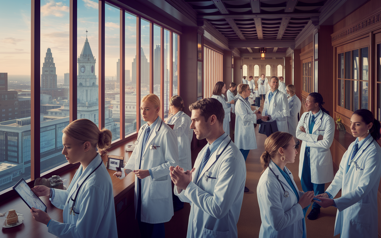 A historical yet modern view of Philadelphia's medical community, showcasing young doctors in a prestigious hospital. Iconic landmarks such as the Liberty Bell are visible in the background. The environment buzzes with medical activity, patients, and staff collaborating. Warm indoor lighting combined with natural light filtering through windows emphasizes a sense of care and professionalism.