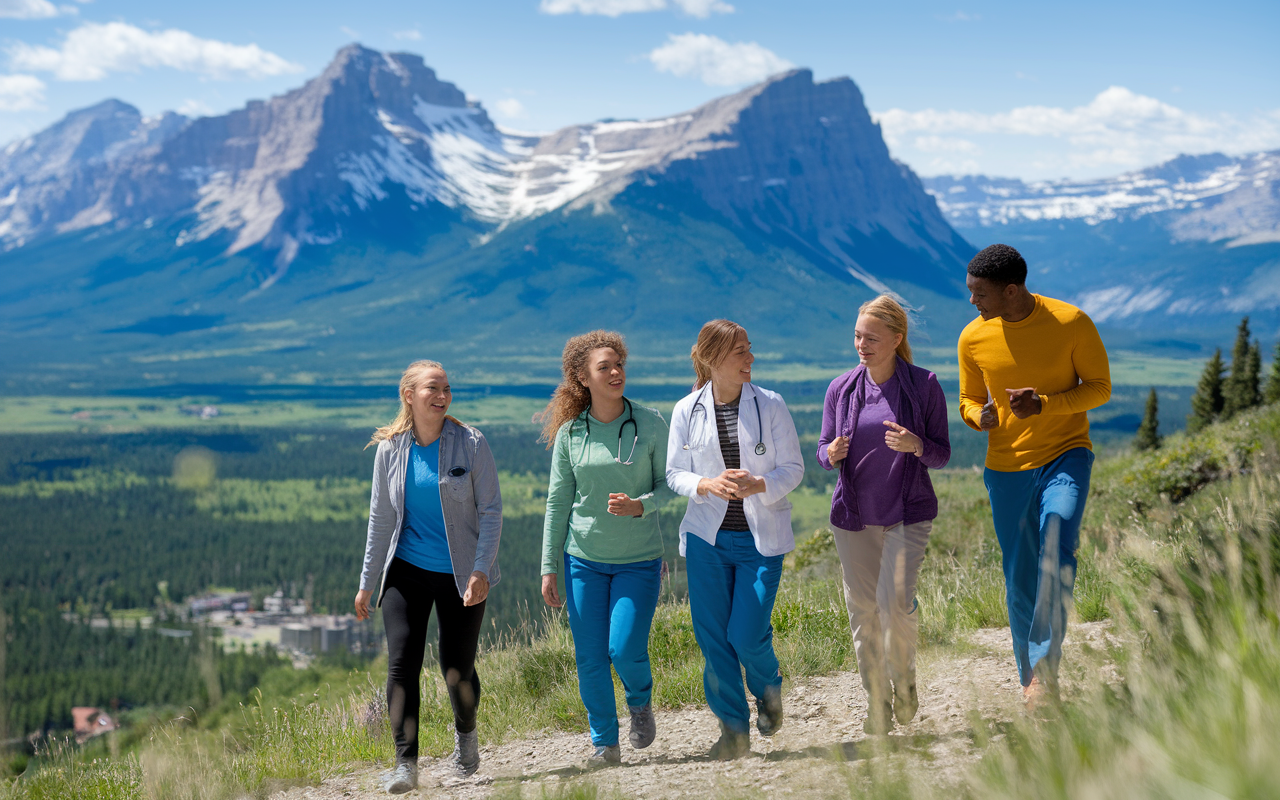 A scenic representation of Denver, with young healthcare professionals enjoying a hike in the surrounding mountains after a long day at work in vibrant clinics. Showcases health and wellness as central themes, with breathtaking views of the Rockies in the background. Bright sunlight with clear blue skies, depicting an overall healthy and active lifestyle.