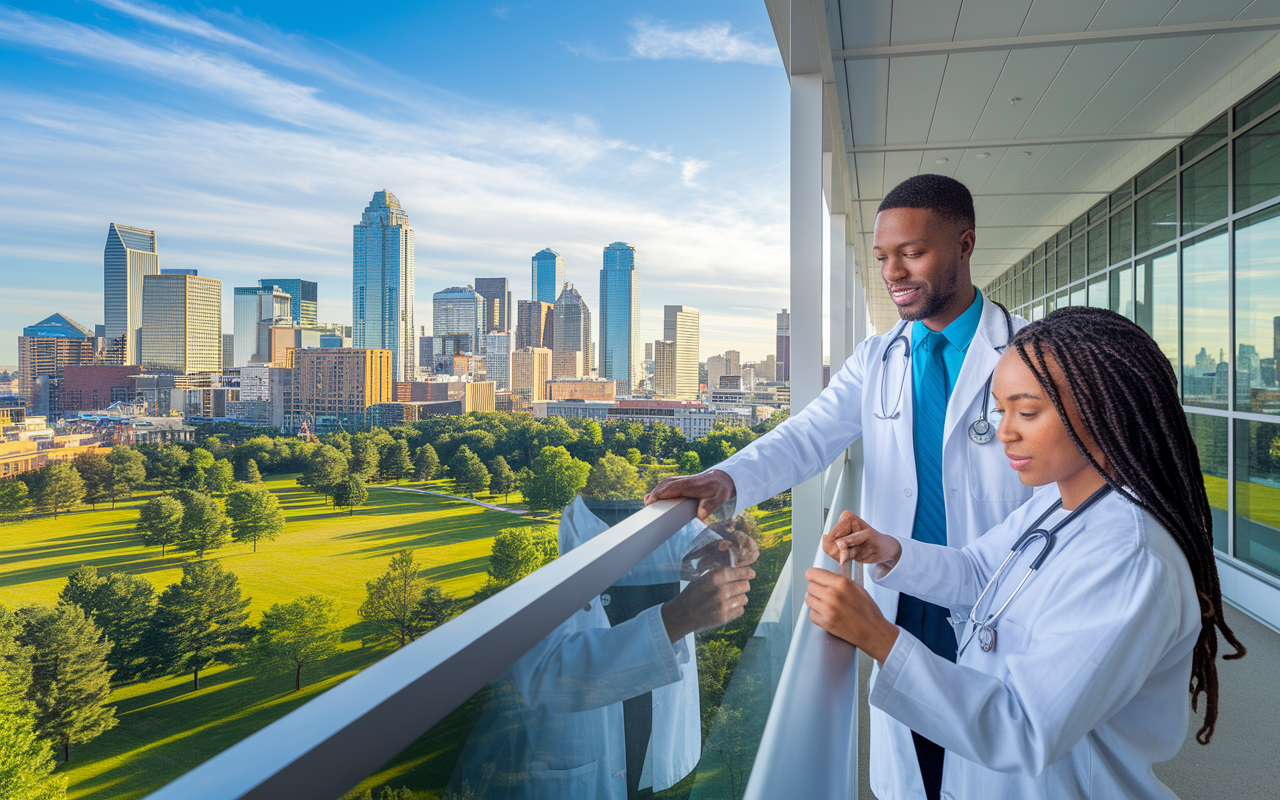 A vibrant healthcare setting in Charlotte, North Carolina, featuring young doctors working in a large, state-of-the-art hospital. The cityscape with modern buildings and green parks in the background reflects growth and opportunity. Daylight emphasizes a productive atmosphere, embodying eagerness and innovation in healthcare delivery.