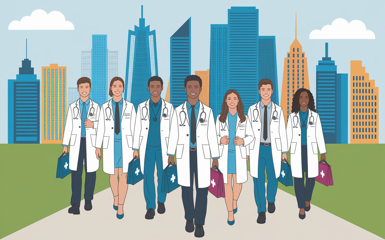 A motivational scene of young doctors confidently stepping into their new careers, with various city skylines in the background. They carry medical bags, embodying determination and hope. The day is bright and promising, symbolizing the beginning of an inspiring journey in healthcare. A blend of diverse cultures represented, creating a sense of community and support.