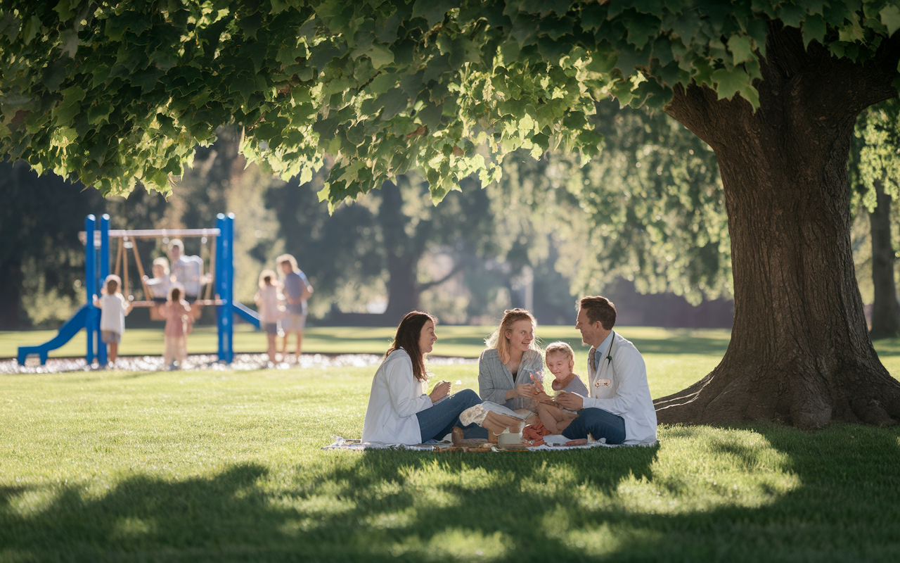 A serene image of a physician enjoying leisure time with family in a beautiful park. The scene captures them having a picnic under a large, leafy tree with diverse family members and their laughter filling the air. Soft sunlight filters through the leaves, casting dappled shadows on the grass. Nearby, a playground is bustling with children, showcasing a perfect blend of professional life and personal joy.