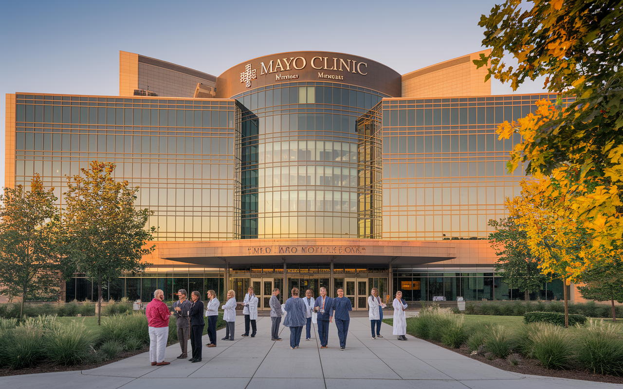 A striking architectural view of the Mayo Clinic in Minnesota, showcasing its modern design and advanced healthcare facilities. The building is bathed in golden hour sunlight, enhancing its glass facade. Patients and medical staff are seen interacting in front of the entrance, symbolizing a thriving healthcare environment. Lush greenery surrounds the clinic, contributing to the overall feeling of warmth and community.