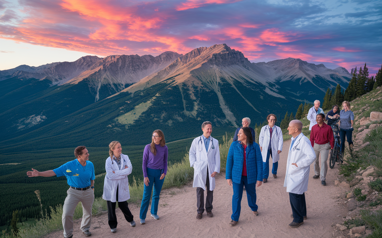 A picturesque landscape of Colorado's majestic mountains at sunset, with physicians enjoying outdoor activities such as hiking and biking. In the foreground, a diverse group of doctors, dressed in casual outdoor attire, are smiling and sharing stories during a break on a mountain trail. The vibrant colors of the sunset highlight the natural beauty surrounding them, creating a scene that embodies an active and healthy lifestyle.