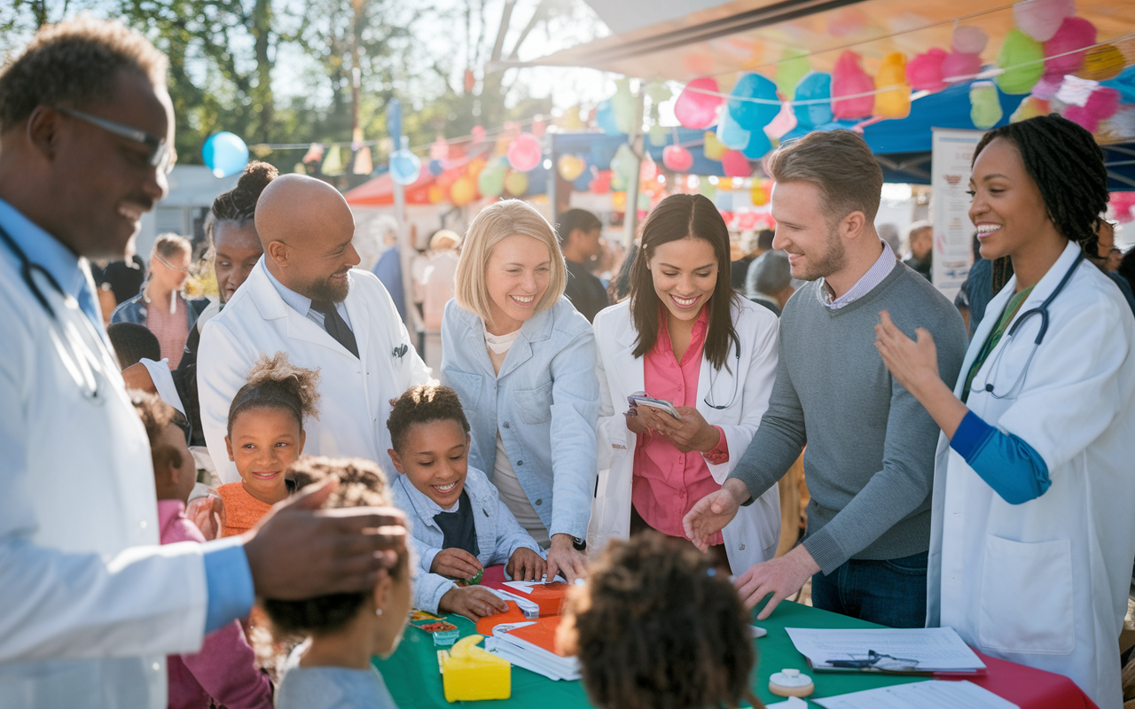 A joyful gathering of physicians at a community health fair, with colorful booths and enthusiastic families participating in health screenings and wellness activities. The scene shows physicians engaging warmly with attendees, vibrant decorations around them, and a sense of positivity and community support in the air. Sunshine bathes the scene in warmth, emphasizing the close relationships between healthcare providers and the public.