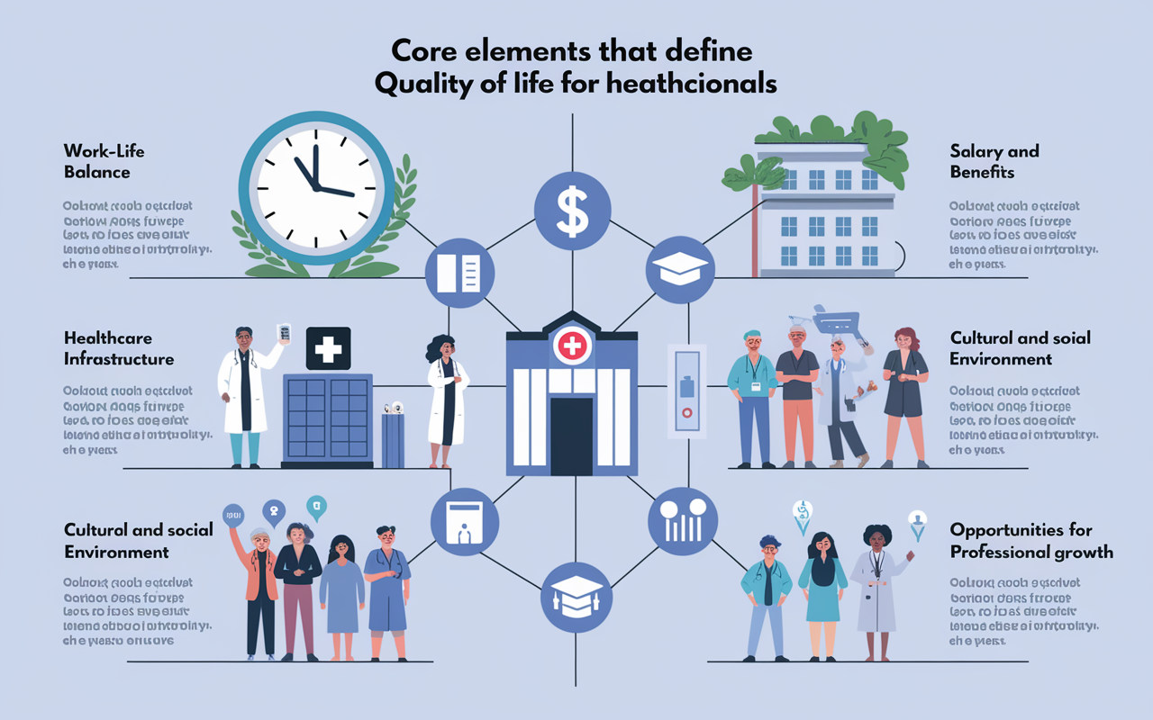 An illustrated infographic depicting the core elements that define quality of life for healthcare professionals. Features visually distinct sections such as work-life balance, salary and benefits, healthcare infrastructure, cultural and social environment, and opportunities for professional growth. Each section contains representative icons and symbolic illustrations, such as a serene clock for work-life balance, a dollar sign for salary, a hospital icon for healthcare, diverse people for cultural environment, and graduation caps for professional growth, all interconnected in a cohesive layout.