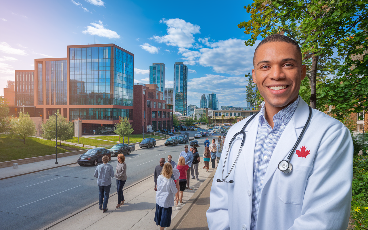 A picturesque view of a Canadian cityscape highlighting modern hospitals with friendly green spaces and bustling streets filled with diverse people. In the foreground, a smiling Canadian doctor wearing a stethoscope interacts with patients outside, promoting the sense of community and healthcare accessibility. Bright blue skies and the vibrancy of urban life contrast with the tranquility of nearby nature, symbolizing Canada’s commitment to work-life balance.