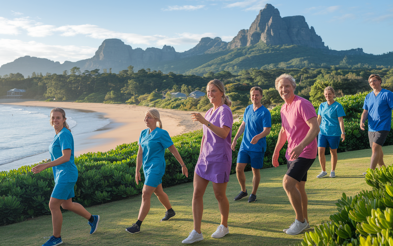 A vibrant outdoor scene showcasing Australian doctors enjoying recreational activities such as surfing and hiking in lush, sunlit environments. The landscape features sandy beaches and idyllic mountains, with health professionals in sports attire smiling and engaging in friendly activities, embodying the essence of work-life balance in Australia's laid-back culture.