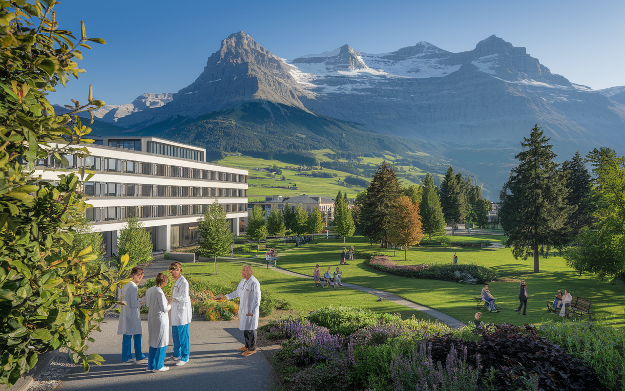 A scenic view of a Swiss city showcasing a well-maintained hospital beside the stunning Alps, highlighting both modern healthcare facilities and picturesque landscapes. Doctors are shown engaging with their patients in beautiful, sunlit parks filled with greenery, reflecting the high quality of life and well-being typical of Switzerland.