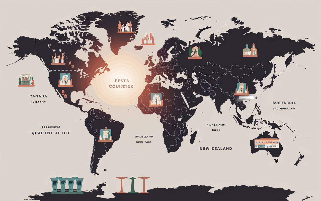 An inspiring global map showcasing the best countries for doctors with highlighted regions such as Canada, Germany, Australia, Sweden, Netherlands, Switzerland, Singapore, and New Zealand. Each region displays symbolic imagery, like healthcare workers and landmarks representing quality of life. The map is imbued with warm colors and a hopeful light, emphasizing the possibilities for aspirational physicians around the world.