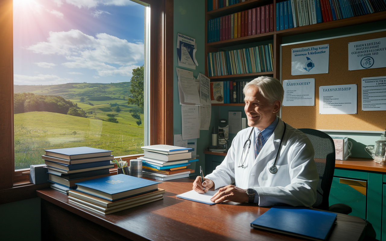 An informative scene in a cozy rural office filled with medical books and diplomas, showcasing a rural physician at their desk writing notes. The window reveals a lush green landscape outside, with rolling hills and a clear blue sky. Sunlight streams in, highlighting the warmth of the environment. On a bulletin board behind them, various community engagement activities and healthcare programs can be seen, emphasizing the connection between the physician and the community.