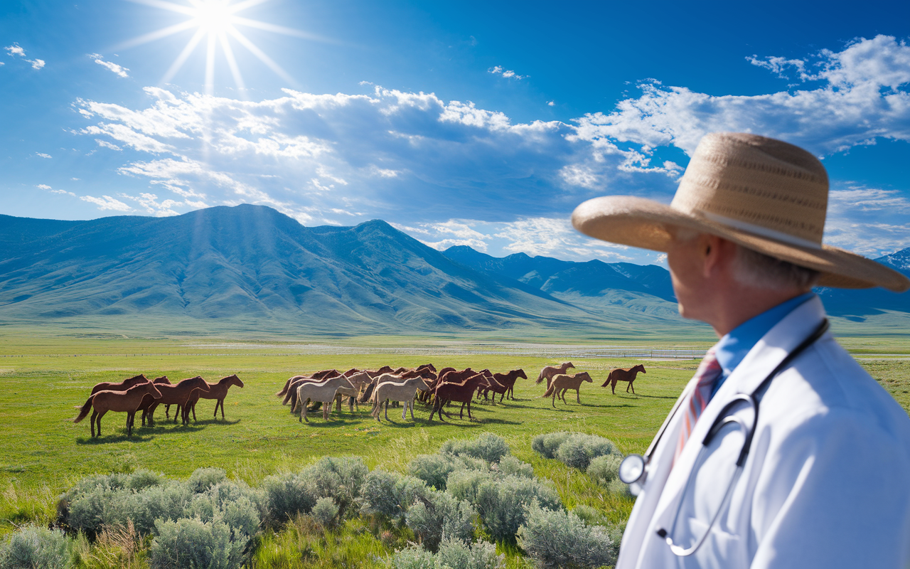 A picturesque view of Wyoming landscapes featuring vast open plains and rugged mountains. In the foreground, a rural physician with a stethoscope stands by a lush green field, observing a herd of wild horses. The sun is brightly shining, illuminating the stunning colors of the scenery. This image embodies the harmony between medical practice and a vibrant outdoor life, capturing the essence of providing care in an underserved area.