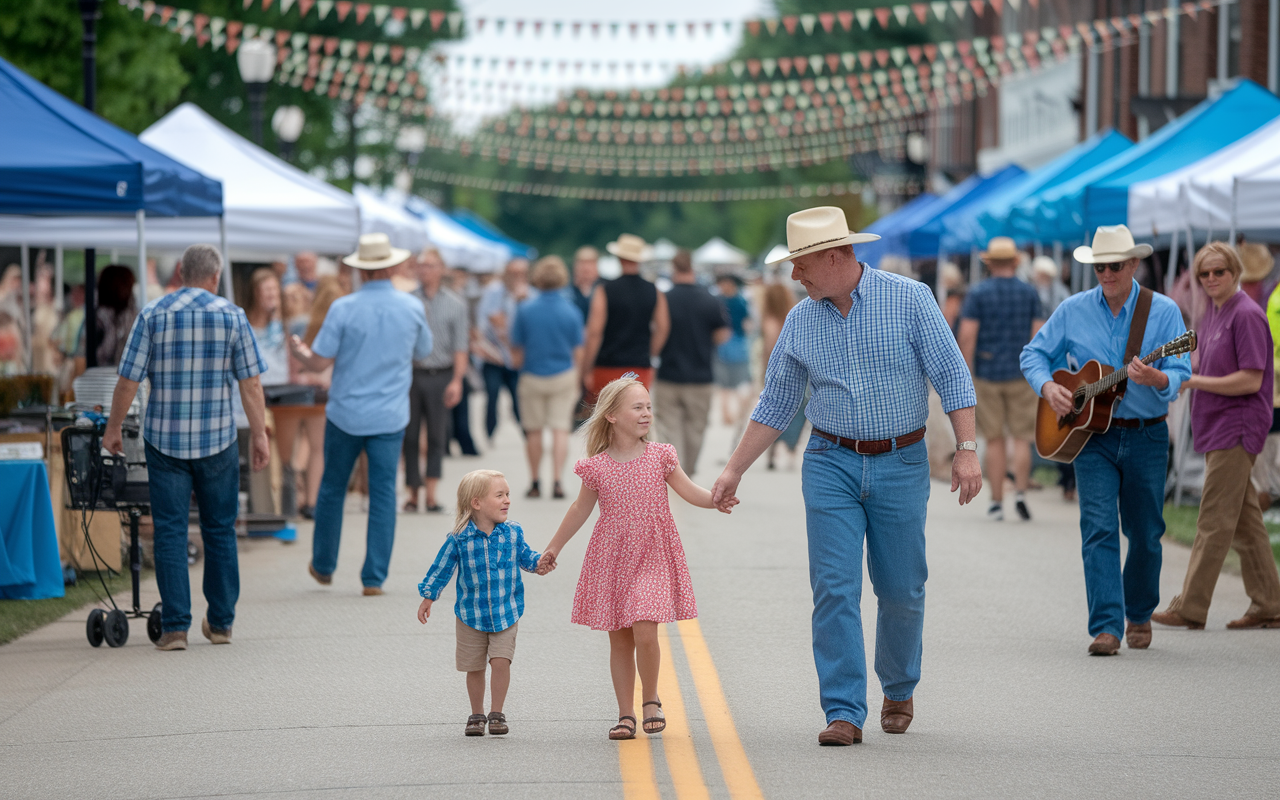 A vibrant rural Kentucky street during a local festival, with families celebrating, food stalls offering traditional Southern cuisine, and musicians playing bluegrass music. In the foreground, a rural physician engages with community members, showcasing the bond between healthcare providers and the local culture. Bright decorations and smiling faces create a lively and welcoming atmosphere, reflecting the enjoyment of life in rural settings.