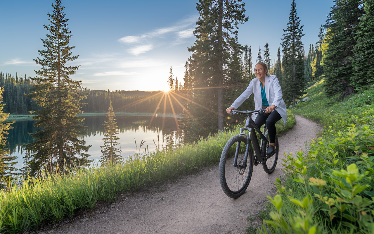 An Idaho rural scene showcasing a physician mountain biking along a vibrant forest trail, surrounded by tall green trees under a clear blue sky. The physician appears joyful and relaxed, embodying the balance of work and recreation prevalent in rural living. Nearby, a serene lake reflects the beauty of nature with the sun setting in the background, creating a picturesque atmosphere.