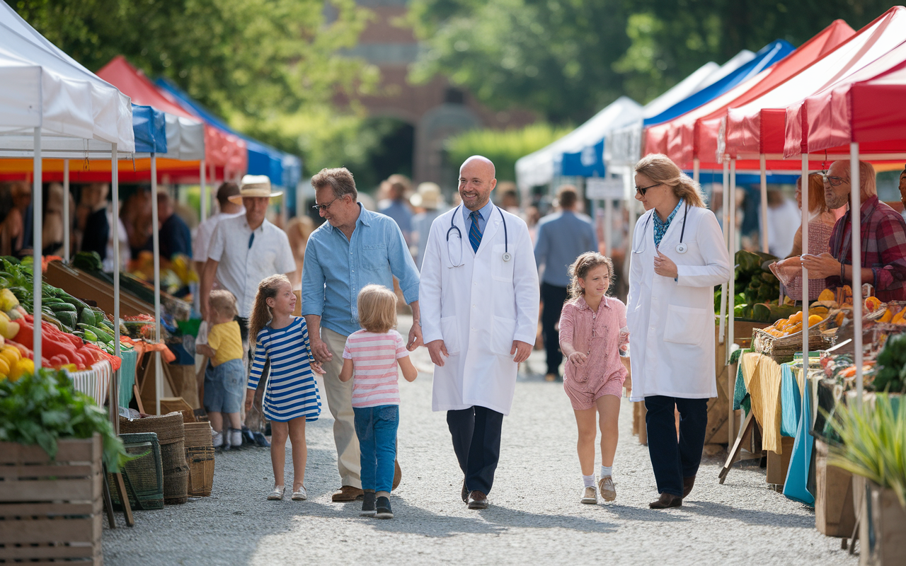 A warm and welcoming rural community scene depicting families and physicians interacting at a local farmer's market. Brightly colored stalls filled with fresh produce and handmade goods fill the background. Physicians engage with residents, fostering connections and trust, while children play nearby. The atmosphere is vibrant and joyful, highlighting the benefits of a tight-knit community and the calm of rural living.