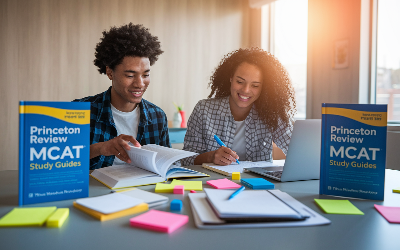 Two students of diverse ethnic backgrounds, sitting at a study table in a brightly lit room, surrounded by the Princeton Review MCAT study guides. One student is flipping through a textbook while the other is taking notes on a laptop. There are colorful sticky notes and highlighters scattered around to convey a productive study environment. The atmosphere feels collaborative and focused, with a warm light illuminating their enthusiasm for learning.