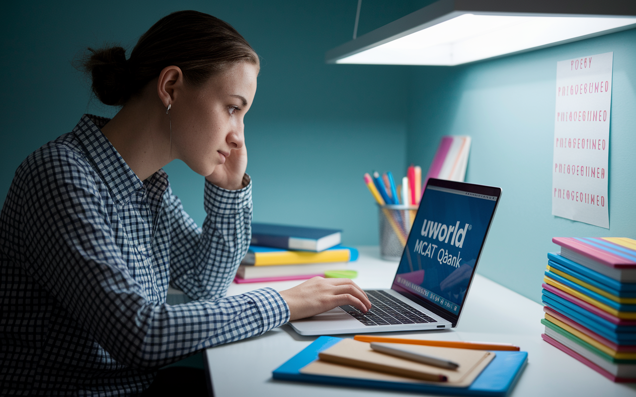 A focused student in a quiet study room engrossed in using a laptop, featuring the UWorld MCAT QBank interface on the screen. The workspace is tidy, embellished with colorful study materials, and a motivational poster on the wall. Soft, overhead light creates a calm atmosphere, emphasizing concentration and dedication as they tackle challenging practice questions.