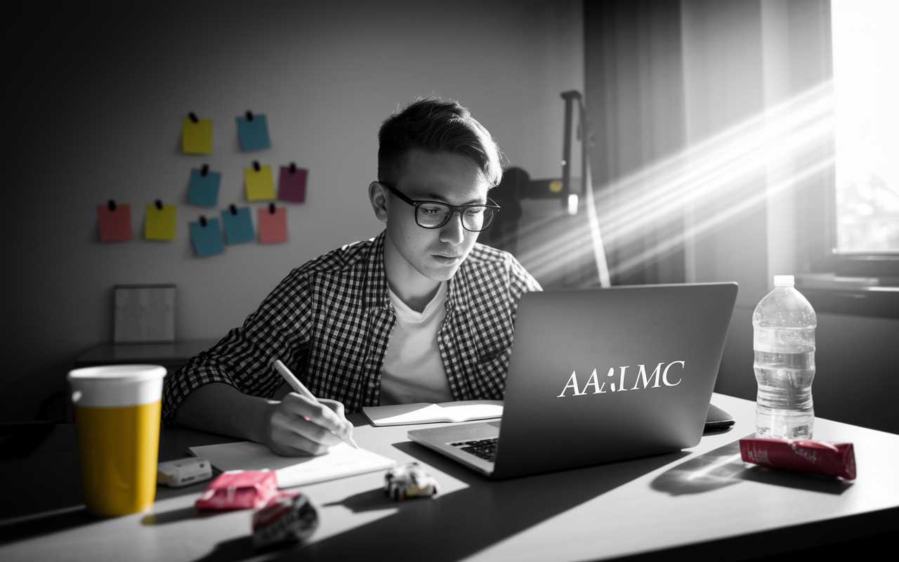 A determined student seated at a desk, closely following a timer on their laptop while taking an AAMC practice MCAT exam. The room is monochromatic except for a few colorful notes pinned on the wall, and the student is surrounded by empty beverage containers and snack wrappers, suggesting a long study session. Bright light streams from a window, symbolizing determination and focus during high-pressure practice.