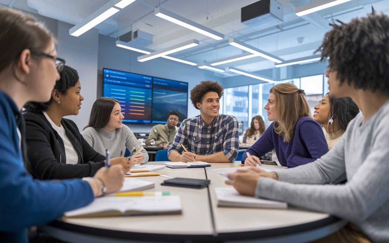 A group of students participating in a Kaplan MCAT prep course, attentively listening to an instructor in a modern classroom. The room is well-lit with technology-enhanced features, such as a large interactive screen displaying study material. Students are of various backgrounds, taking notes and discussing concepts fervently, showcasing teamwork and engagement in their preparation for the MCAT.