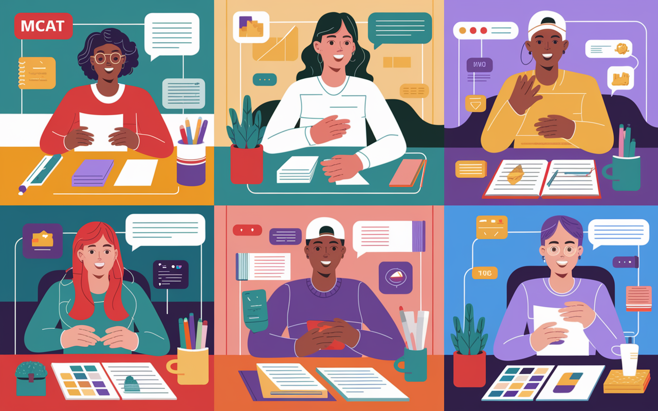 A vibrant digital graphic depicting a virtual study group on a video call, featuring diverse students discussing MCAT strategies and sharing resources. Each participant has their notes and study materials displayed on their screens, with a warm vibe of camaraderie and support. The background suggests a mix of cozy home study environments, with smiles and animated expressions conveying encouragement and motivation during their study sessions.