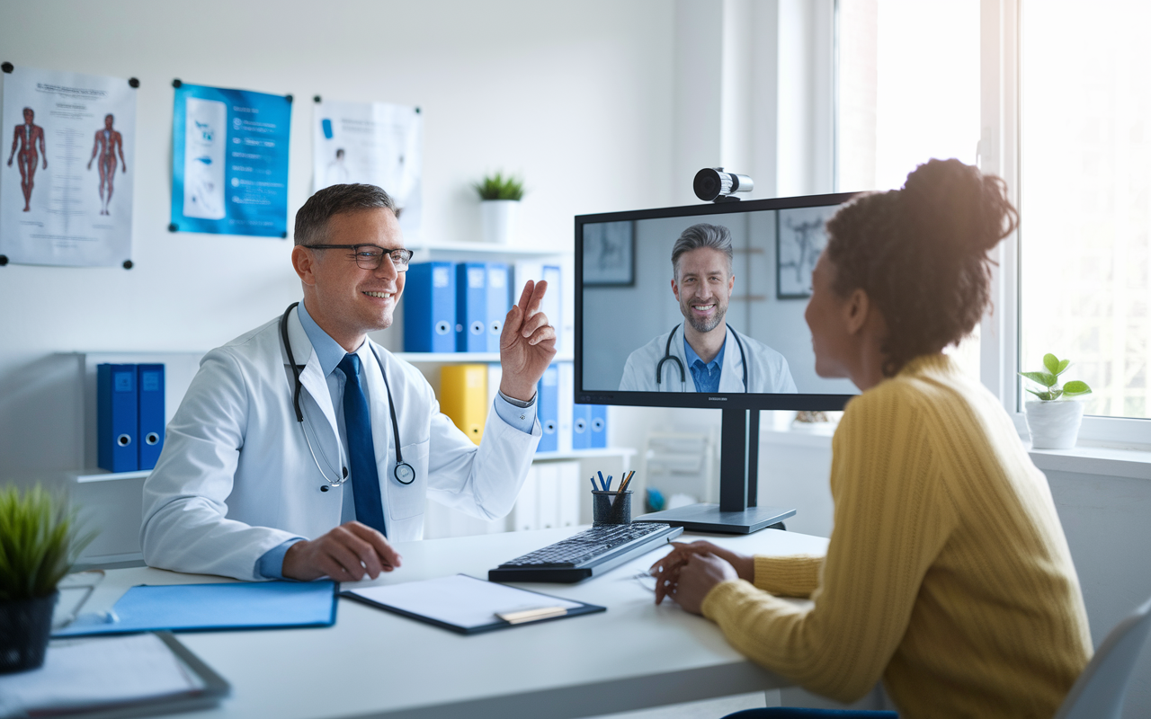 A modern medical office setting featuring a doctor in a white coat conducting a telemedicine consultation with a patient via high-tech video conferencing equipment. The room is brightly lit, with charts and medical supplies in the background, conveying a sense of innovation and accessibility in Texas healthcare.