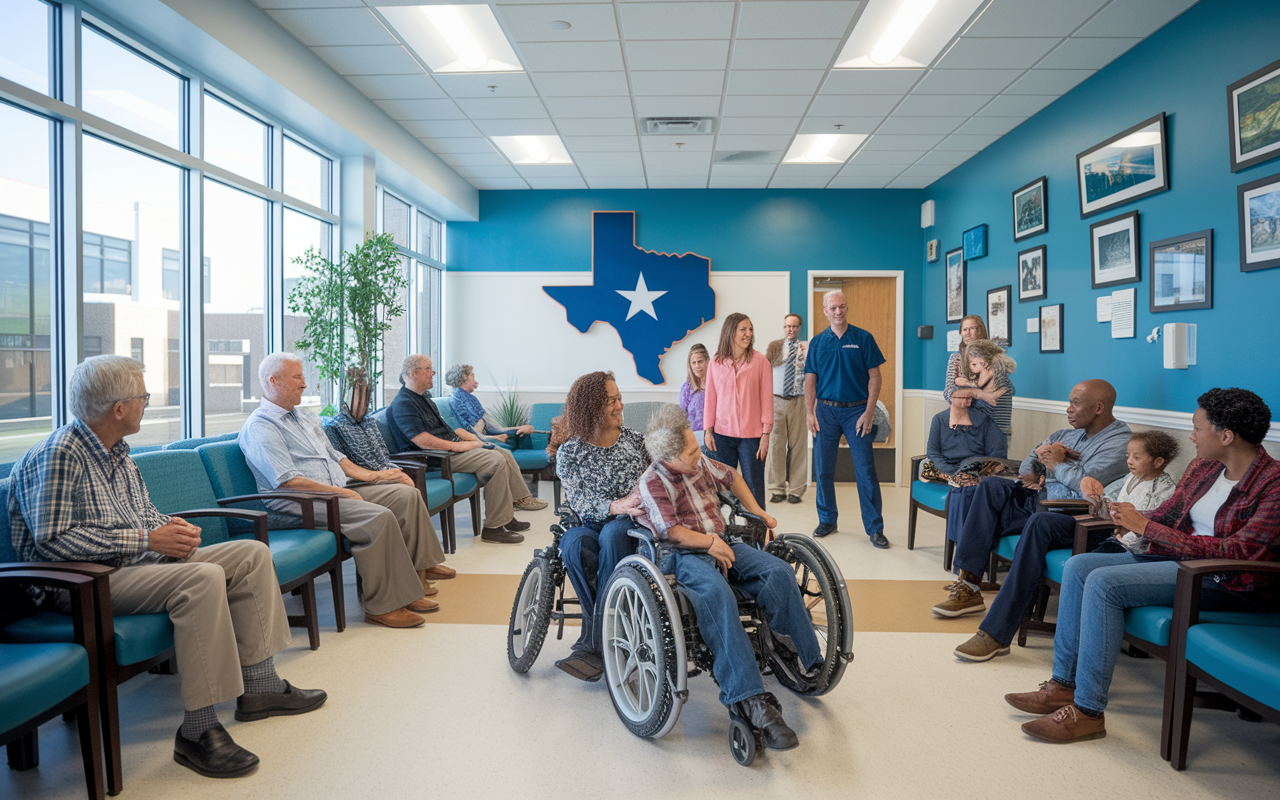 An inviting and busy Texas clinic waiting room with a diverse group of patients of all ages, including elderly individuals, young families, and children. The interior is bright and welcoming, with Texas-themed decor. This scene captures the essence of the state's cultural diversity and the increasing demand for healthcare services.