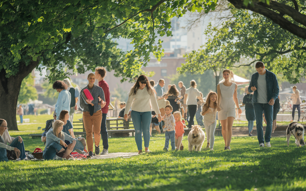 A picturesque scene in a Texas park filled with families enjoying a sunny day. People of different backgrounds are engaging in various activities such as picnicking, playing frisbee, and walking dogs. Lush greenery, playgrounds, and children laughing create a warm, inviting atmosphere, emphasizing the family-friendly nature of Texas communities.