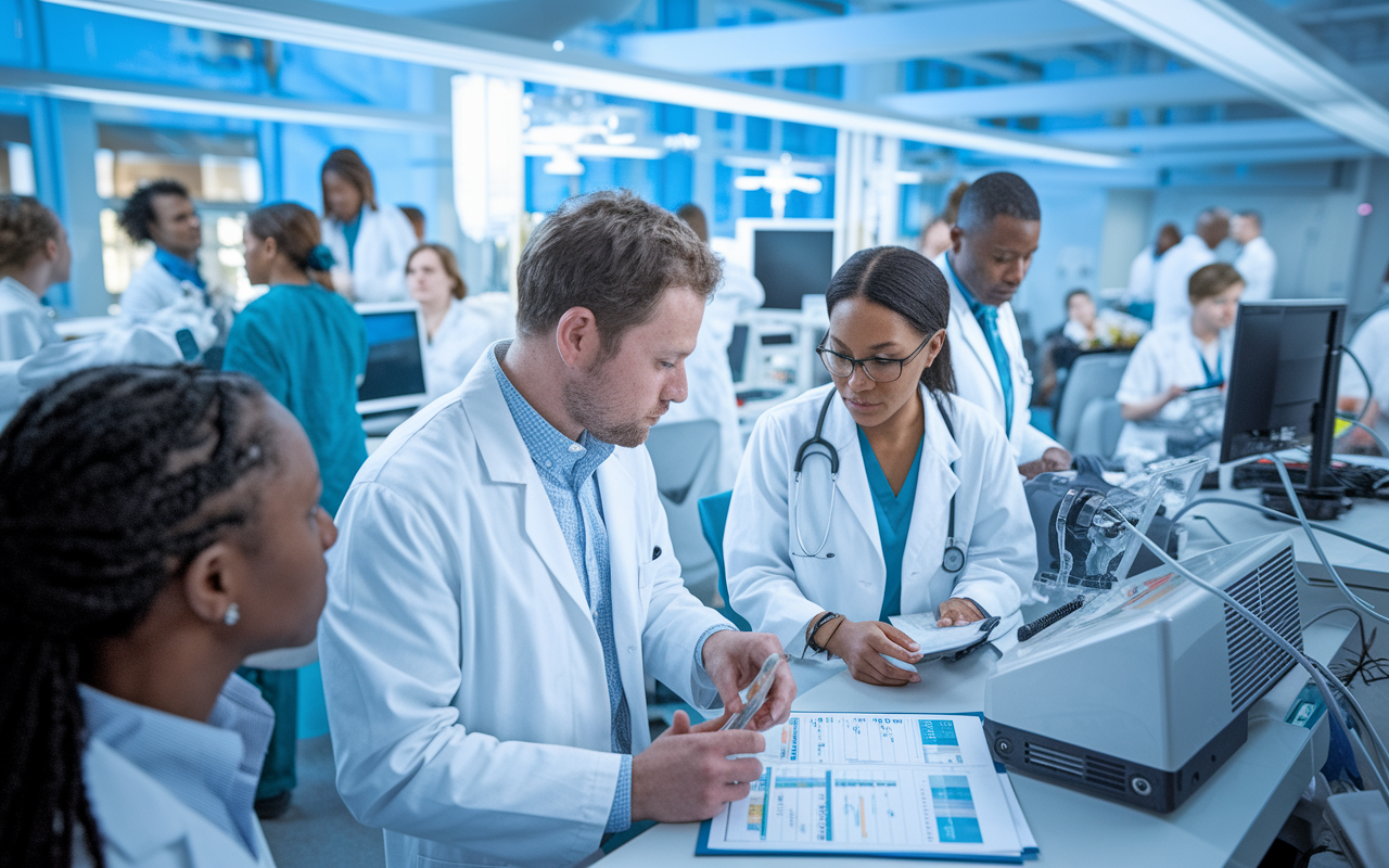 A dynamic research lab at the Texas Medical Center with doctors and researchers collaborating over high-tech equipment and charts. The environment is filled with advanced medical technologies and vibrant discussions, showcasing the innovation and teamwork present in Texas's healthcare landscape.