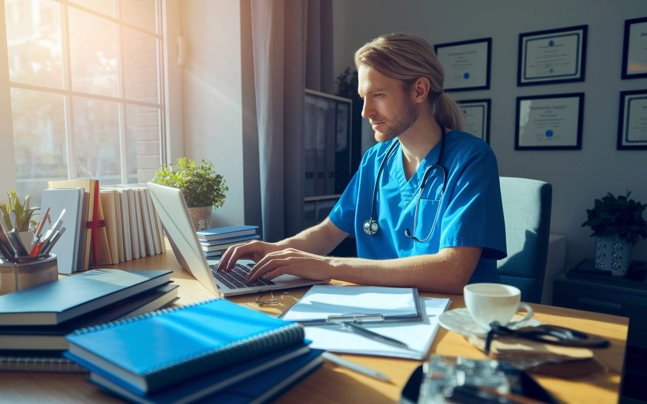 A cozy home office setting with a physician in scrubs, focused on typing on a laptop. The desk is filled with medical books, notes, and a cup of coffee. Natural light streams through a window, illuminating the scene and highlighting a wall adorned with framed medical certificates. The atmosphere feels productive and creative, capturing the essence of medical writing as a fulfilling side hustle.