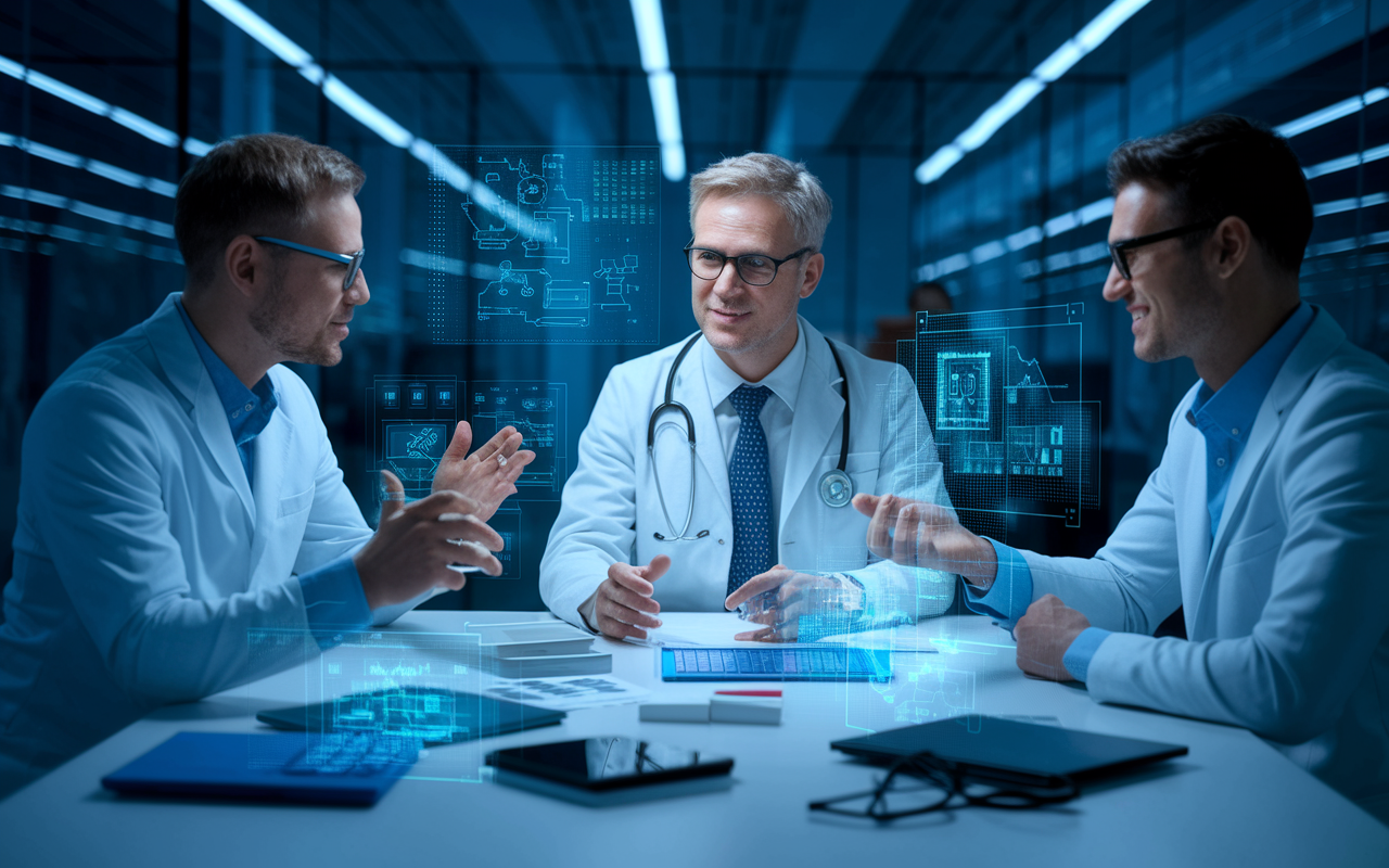 A physician sitting at a table with technology developers, discussing innovative medical software. There are prototypes and tech gadgets on the table, and the atmosphere is filled with enthusiasm and collaboration. The setting is modern, reflecting the integration of healthcare and technology in a visually engaging way.