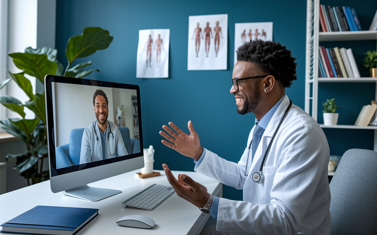 A physician in a well-lit office, engaged in a telemedicine consultation on a computer screen. The screen shows a patient at home, both smiling and communicating. The room is decorated in calming colors with medical posters and books on the shelves, creating a professional yet welcoming atmosphere. A potted plant adds a touch of life to the environment.