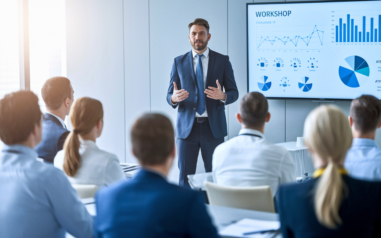 A professional physician presenting a workshop to a group of healthcare executives. The room is filled with engaged attendees, with a large screen displaying data charts and medical insights. The physician, confidently speaking in business attire, conveys authority and expertise. The room is well-lit, fostering a sense of professionalism and collaboration.