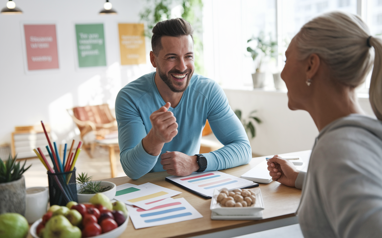 An enthusiastic health coach working one-on-one with a client in a bright, inviting space. They are discussing health goals over a table filled with healthy snacks and fitness materials. The atmosphere radiates positivity and support, with motivational posters on the walls and natural light flooding the room, reinforcing the theme of wellness.