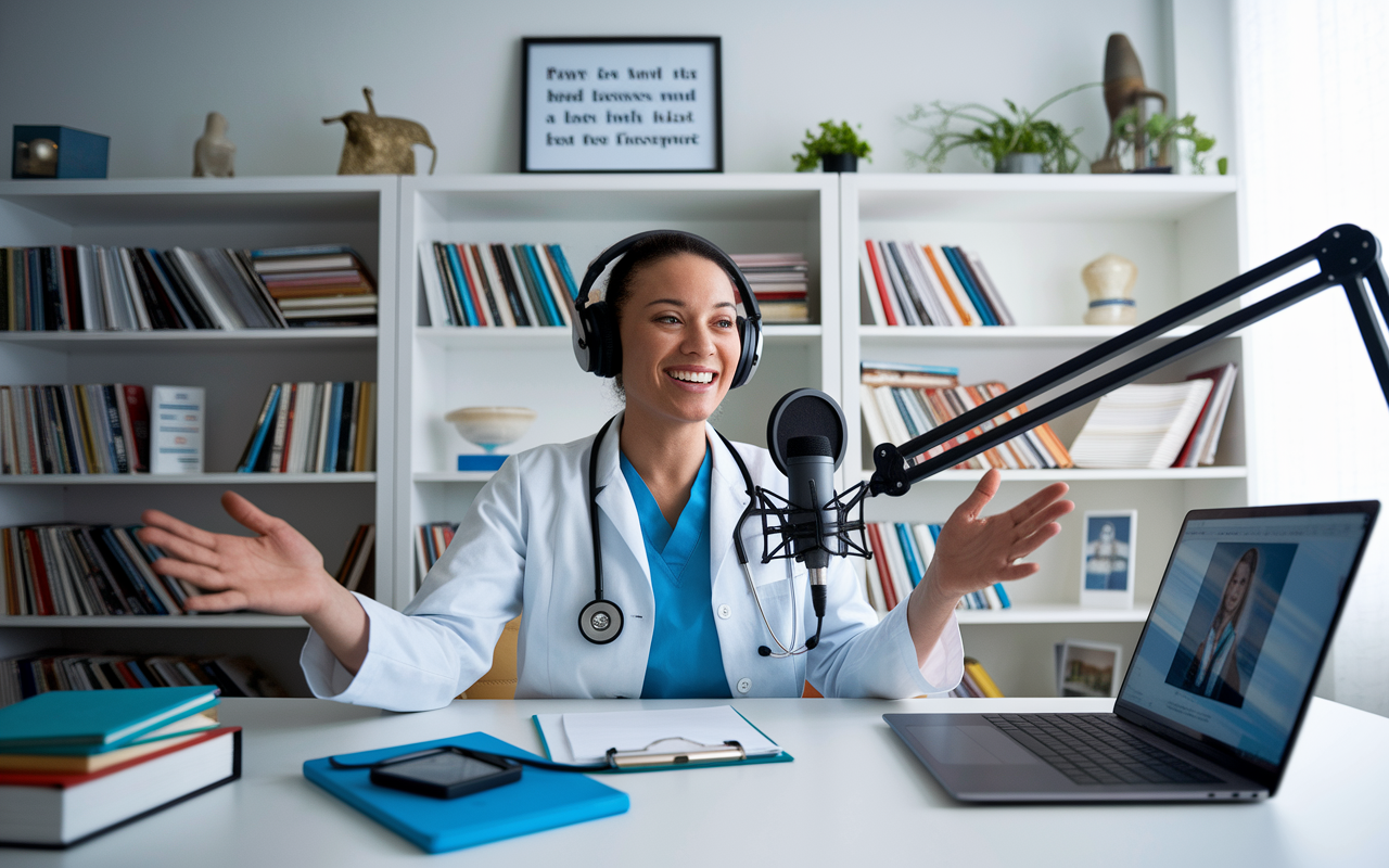 A physician in a home office, recording a webinar. They are speaking animatedly into a microphone with a laptop displaying a presentation on the screen. The room is filled with books and educational materials related to their medical specialty, with a motivational quote framed on the wall. Bright lighting creates a creative and educational atmosphere.