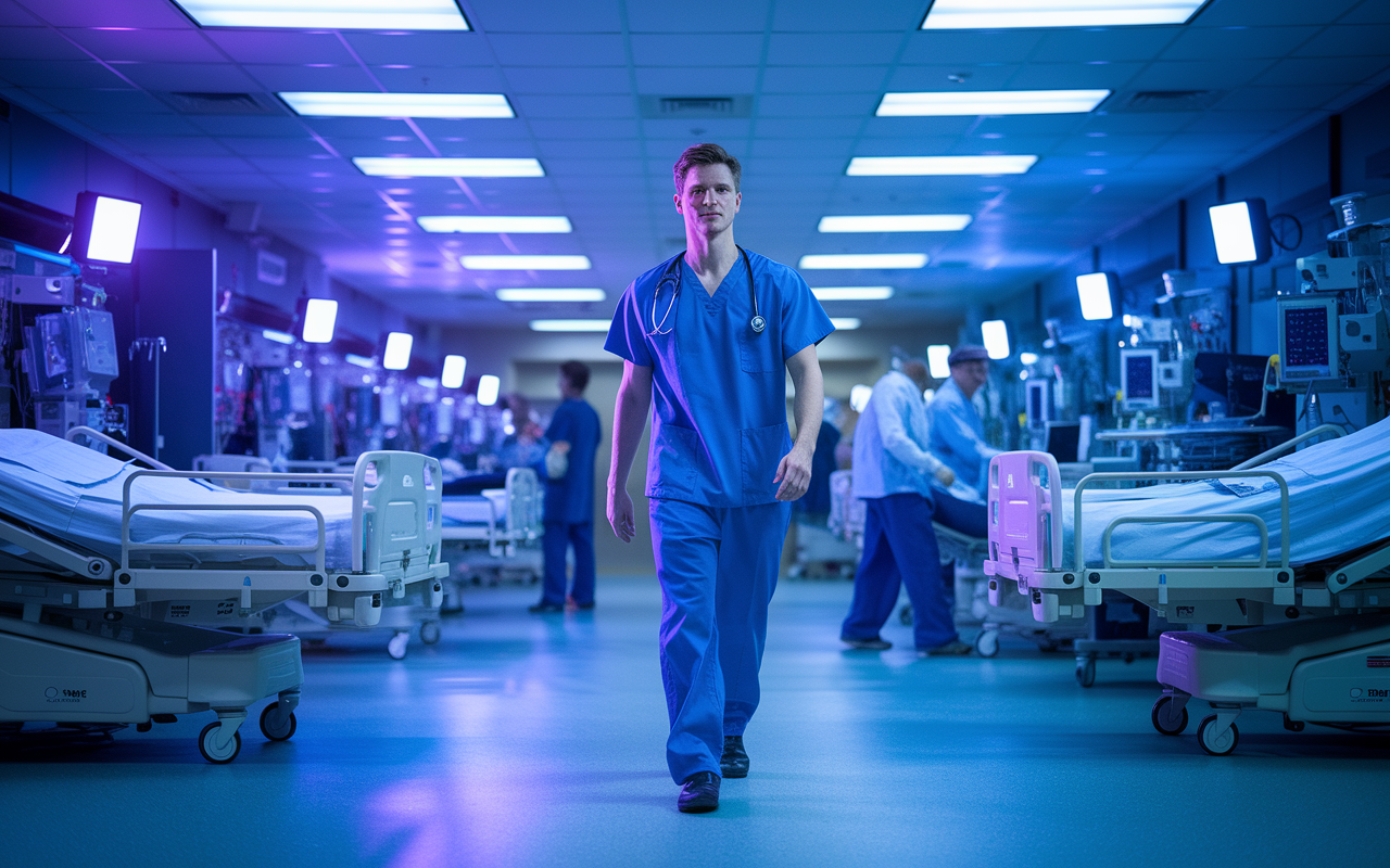 A physician in scrubs briskly walking through a busy emergency room during a night shift. There are vibrant hospital lights overhead and patients being tended to in the background. The atmosphere is urgent yet organized, with the physician confidently navigating their responsibilities, illustrating the dynamic nature of moonlighting in healthcare.