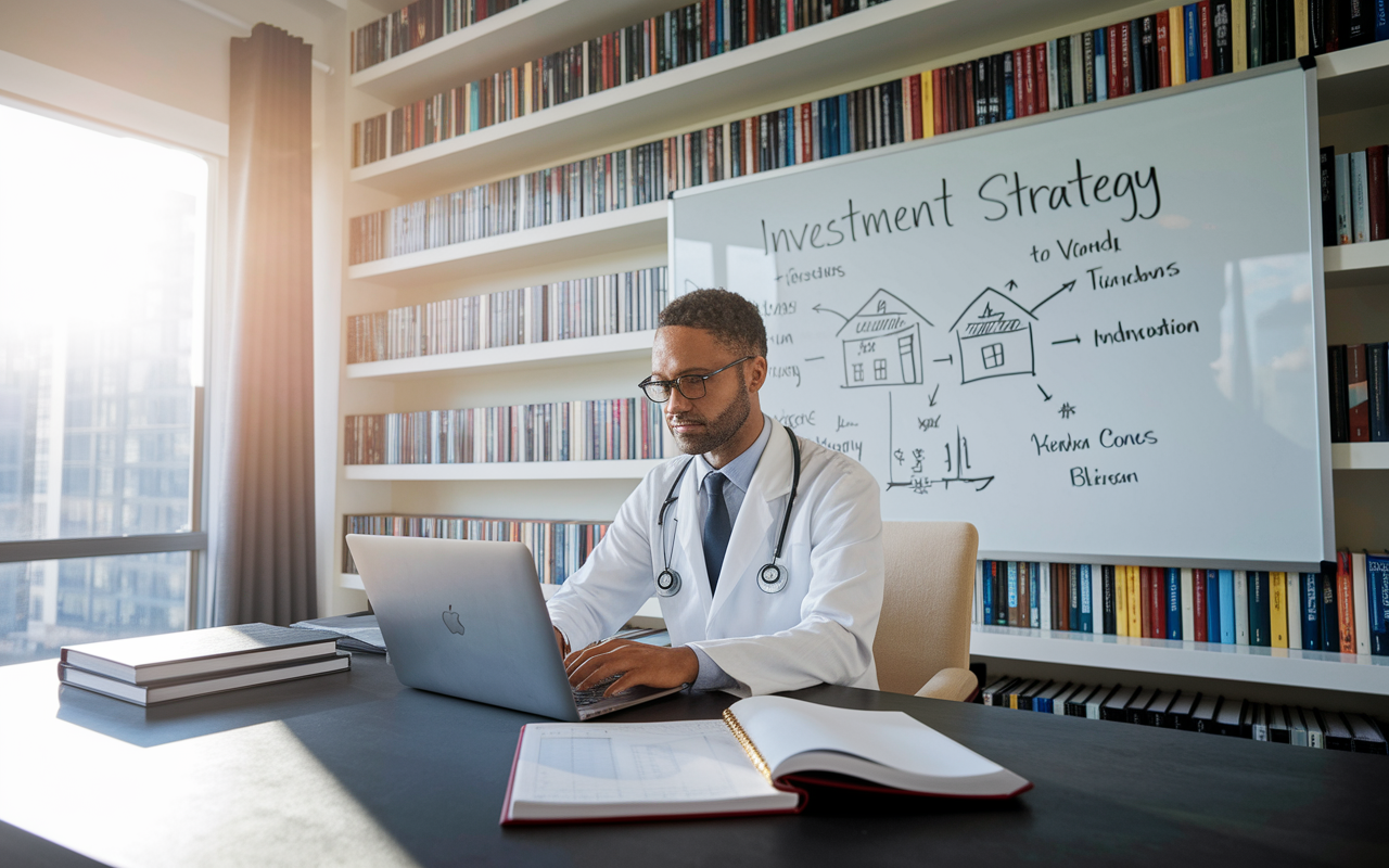 A physician reviewing real estate listings on a laptop in a stylish home office filled with books on investment strategies. The room has an elegant design, with sunlight streaming through a window showing a view of urban landscapes. A whiteboard behind them illustrates their investment strategy, creating an atmosphere of focus and aspiration.