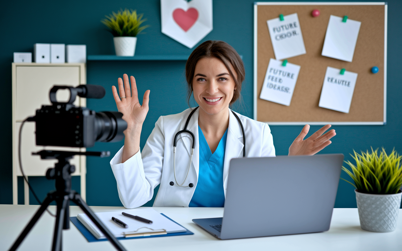 A physician in casual attire, sitting at a desk with a laptop and camera set up for vlogging. Their backdrop features a clean design with health-related decor. A bulletin board highlights future content ideas, with a warm and inviting ambiance, showcasing the creative process of online knowledge sharing.