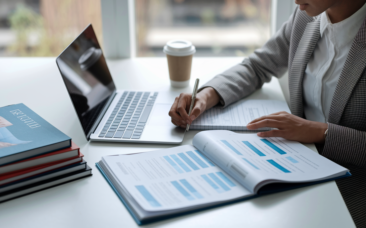 A focused medical editor working on a laptop in a bright, modern workspace, reviewing a research paper with medical charts on the screen. A stack of medical journals is beside them, and a coffee cup sits within reach. The setting has a professional vibe, with an emphasis on clarity and accuracy in editing work.