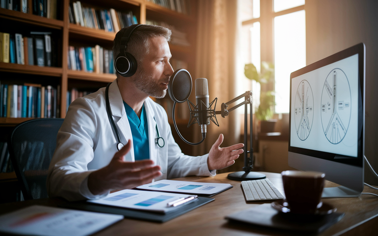 A focused physician in a cozy home office space, surrounded by books and medical journals, is busy recording an online course. The scene is warmly lit, with soft light filtering through a window, creating an inviting atmosphere. The physician speaks animatedly into a microphone, while a computer screen displays a presentation featuring medical diagrams. On the desk, there's a cup of coffee and notes with outlines of the course content.