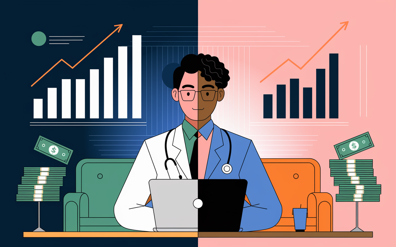 A digital scene depicting a split-screen view of a physician on one side using a laptop to explore peer-to-peer lending options. The other side shows animated graphs rising with interest rates. The background is a blend of modern living room comforts and financial aesthetics, featuring stacks of money and charts, symbolizing growth and opportunity. Bright, inviting colors emphasize a sense of optimism and financial empowerment.