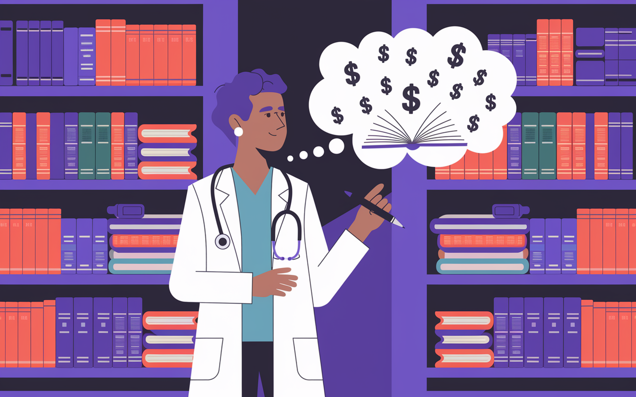 An artistic portrayal of a physician standing proudly next to a bookshelf filled with medical textbooks and educational videos. They hold a pen, poised to write, with a thought bubble illustrating dollar signs and royalties flowing from a book to represent income generation. The scene conveys creativity and innovation in the medical field, illuminated with soft, warm lighting to inspire motivation.