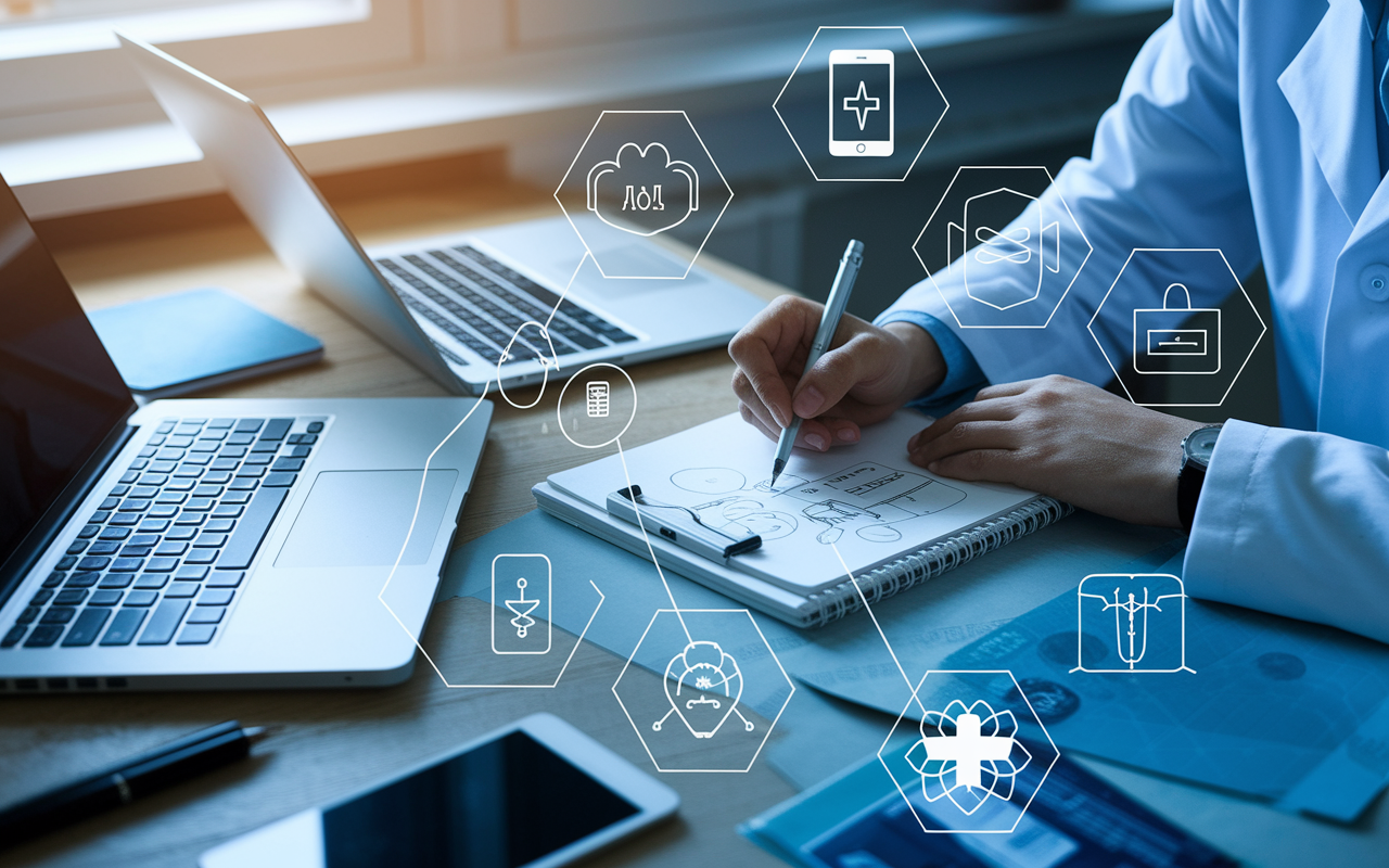 A creative workspace with a physician sketching ideas for a mobile health app on a notepad. Laptops and tablets display designs and prototypes, surrounded by medical icons and health symbols, conveying innovation in healthcare technology. The lighting is bright and focused, highlighting the determination and creativity in blending medicine with technology.