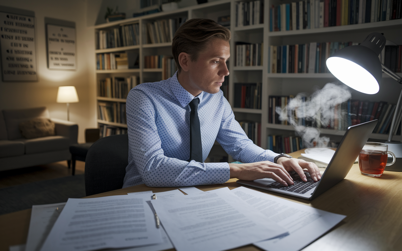 A focused physician in business casual attire, seated in a cozy home office surrounded by bookshelves filled with medical literature. They're typing on a modern laptop, immersed in writing an article. The room is softly lit by a desk lamp, creating a warm atmosphere, while motivational quotes adorn the walls. Papers with detailed medical notes are scattered across the desk, and a steaming mug of tea is nearby, symbolizing concentration and professionalism.